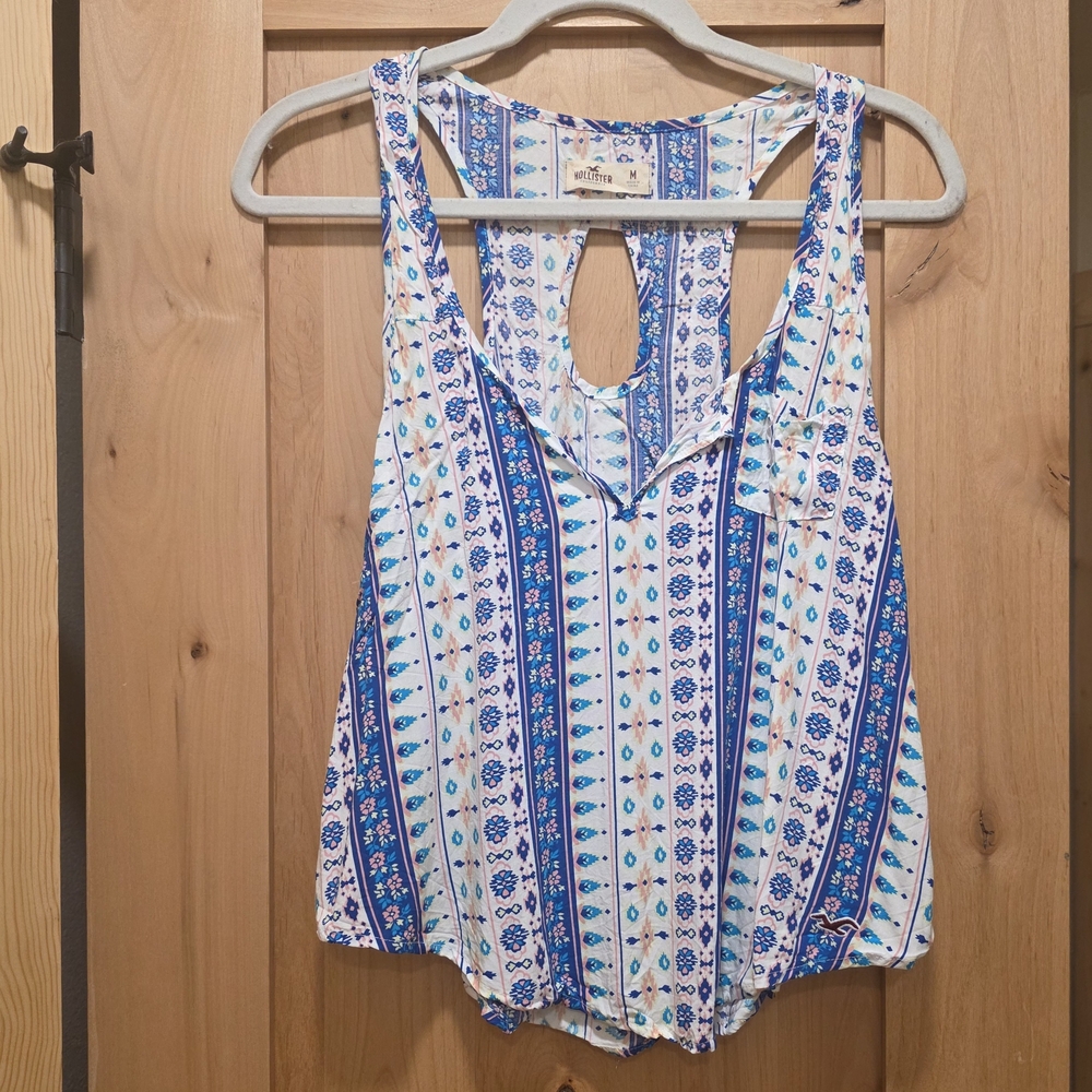 2010's Vintage Hollister Blue White Pink Sleeveless Tank Top indy festival vibes